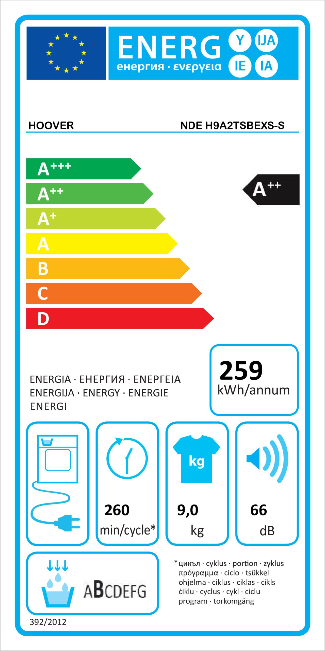 MÁQUINA DE SECAR ROUPA HOOVER NDEH9A2TSBEXS( 9 Kg - Condensação com Bomba de Calor - A++ ) - Image 2