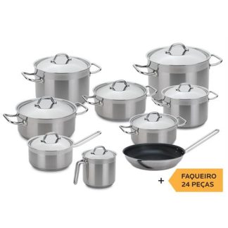 TREM DE COZINHA +  FAQUEIRO SILAMPOS PROFTEJO ( Inox / Satinado  - Composto por: Caçarola com asas e tampa d... )